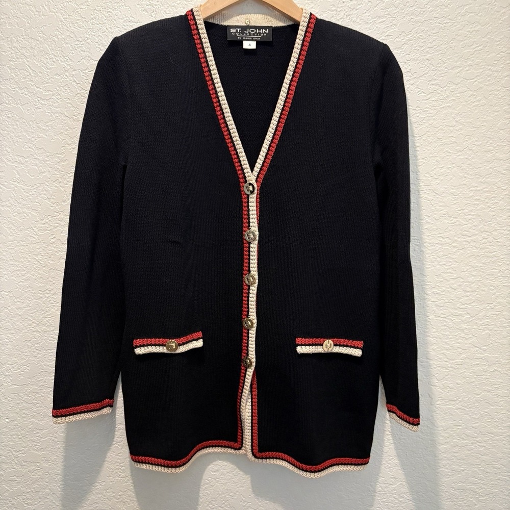 St. John Collection Marie Gray Cardigan Sweater Sz 4 Black Santana Knit